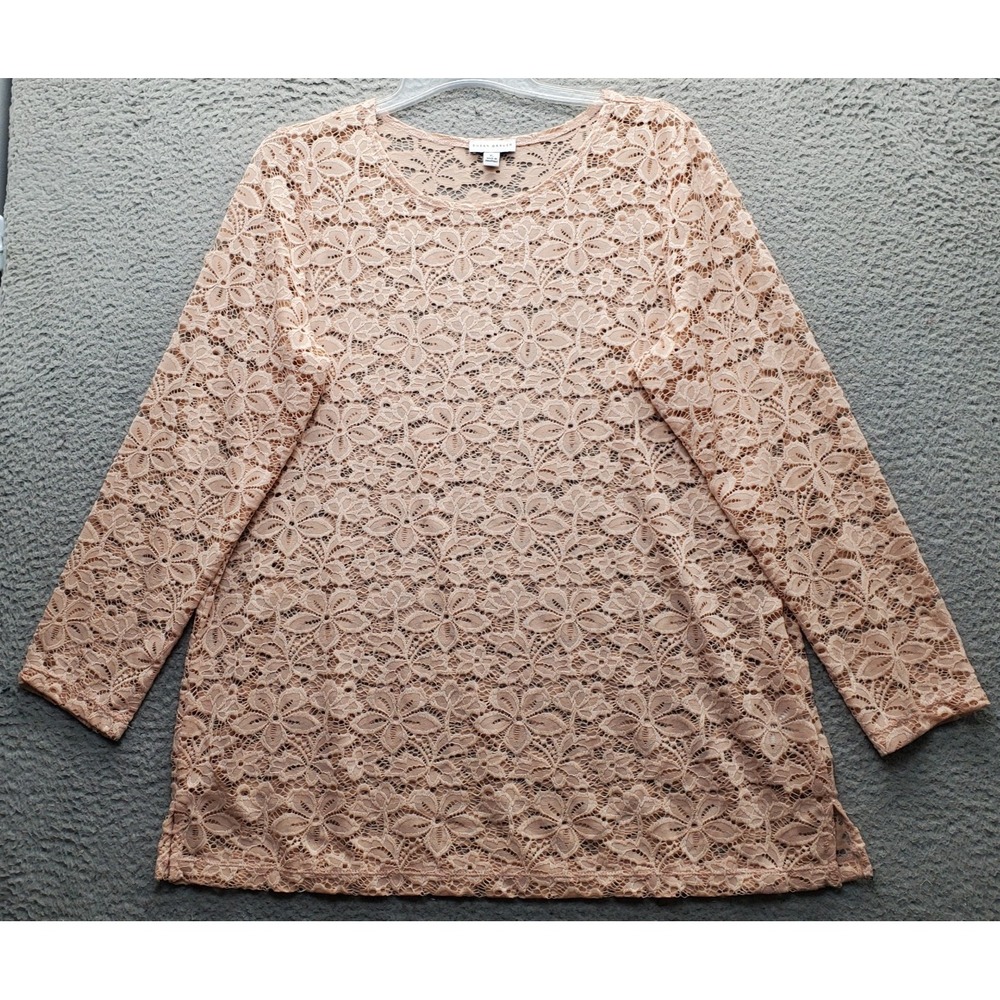 Susan Graver Blouse Top Womens XL Pink Floral Lace Stretch Long Sleeve Pullover
